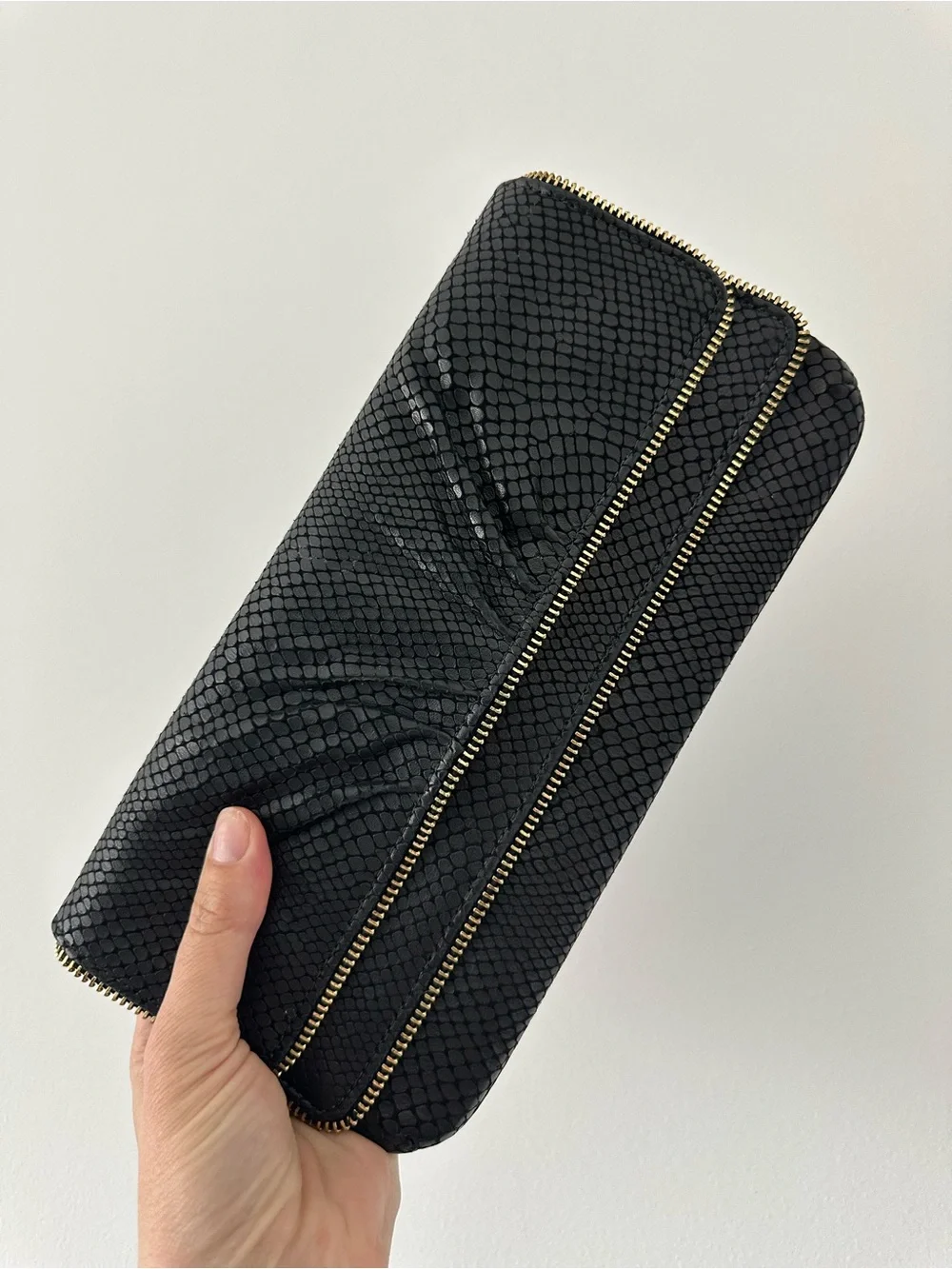 Lauren Merkin Black Snake Embossed Leather Foldover Clutch Gold Zip